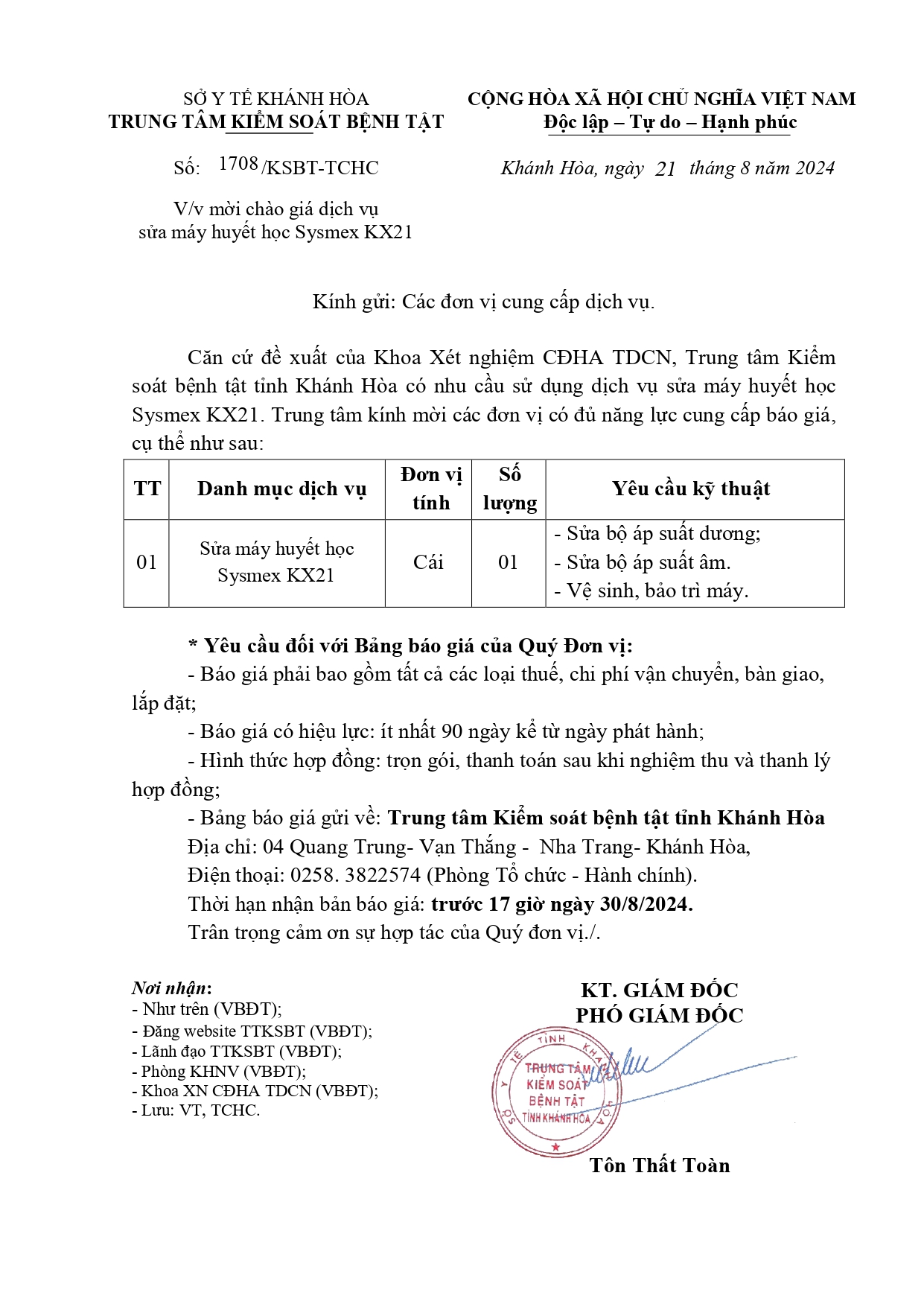 V/v mời chào giá dịch vụ sửa máy huyết học Sysmex KX21